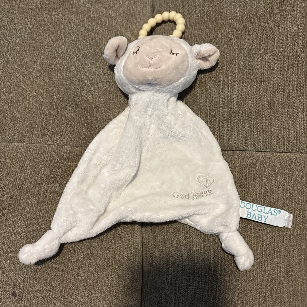 Douglas Baby Lamb Sheep Cream Security Blanket Ring Soft Toy Moon Stars Read
